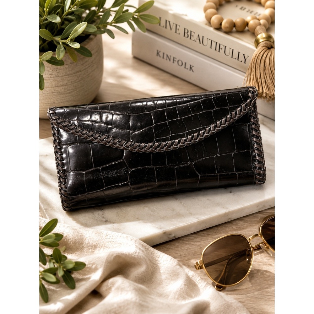 Vintage Handmade Croc Embossed Leather Clutch Wallet Black Glossy Whipstitch